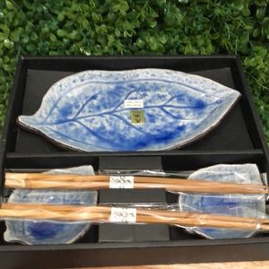 Kahfu Japan blue leaf 4 plate set 2 set chopsticks